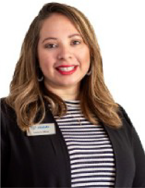 Smiling woman wearing striped shirt portrait.