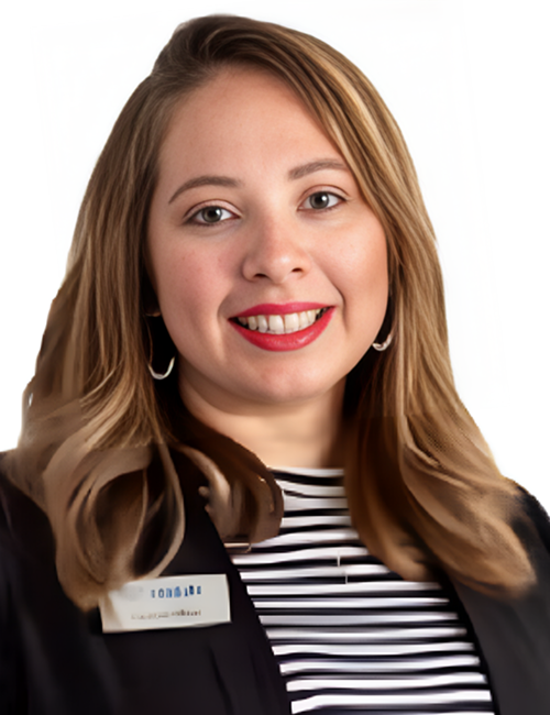Smiling woman wearing striped shirt portrait.